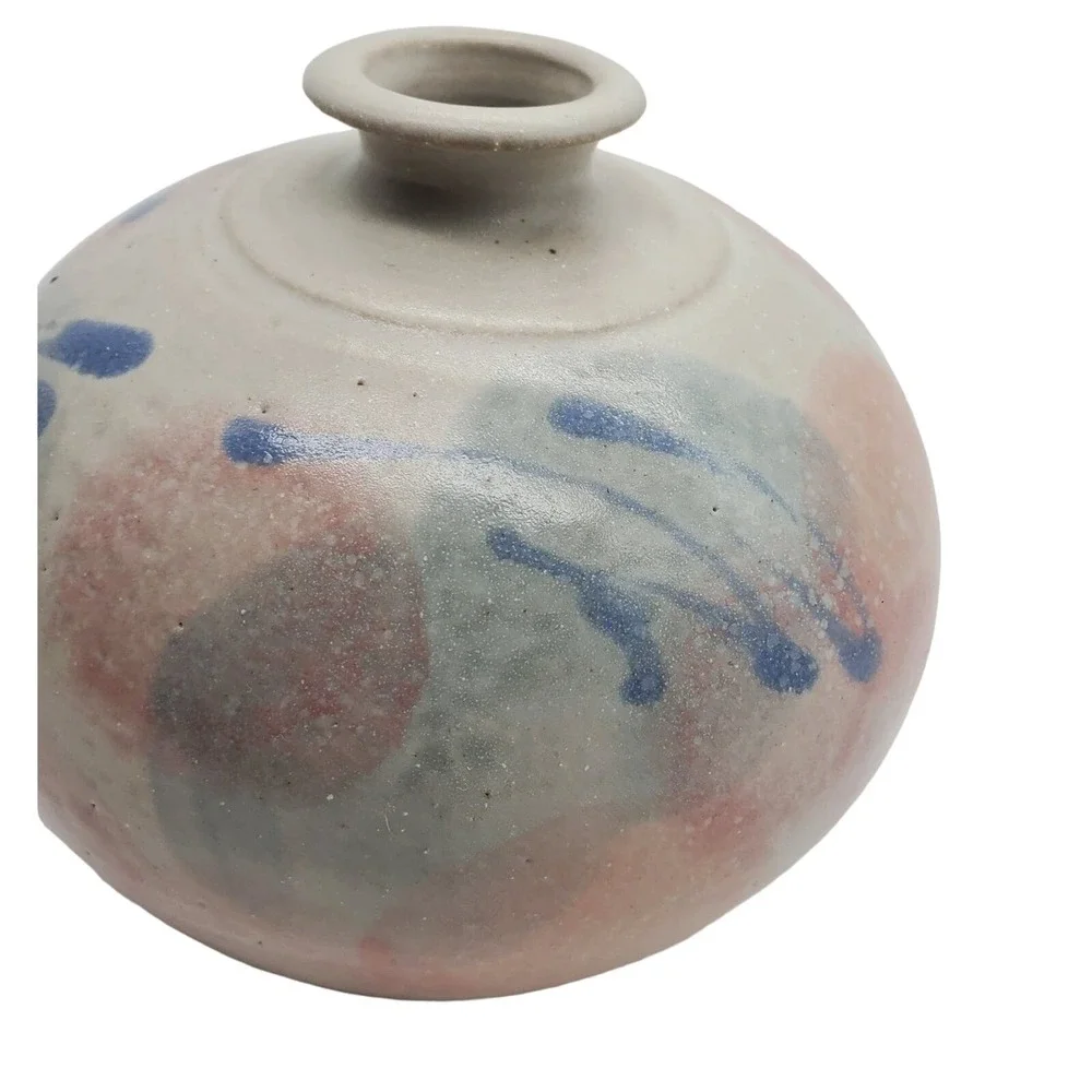 Gray Squat Art Pottery Vase Pastel Pink Blue Abstract Signed Ceramic Pot Vintage